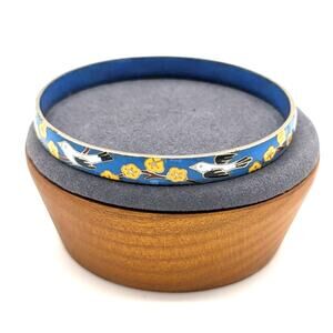 Vintage Blue Enamel Flying Bird Yellow Flower Cloisonne Bangle Bracelet